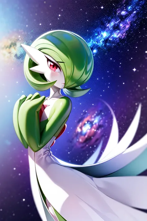 masterpiece, best_quality, 1girl, solo, gardevoir, white dress, creatures \(company\), game freak, nintendo, pokemon, pokemon \(game\), bangs, colored skin, female focus, flat chest, gen 3 pokemon, green hair, green skin, hair over one eye, multicolored skin, pokemon \(creature\), red eyes, short hair, two-tone skin, white skin, space,