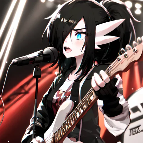 masterpiece, best_quality, 1girl, solo, gardevoir, playing electric guitar and singing into a microphone, on stage, looking forward, serious expression, creatures \(company\), game freak, nintendo, pokemon, pokemon \(game\), bangs, colored skin, female focus, gen 3 pokemon, black hair, (messy ponytail), black cardigan, tshirt, sweatpants, black skin, hair over one eye, multicolored skin, pokemon \(creature\), blue eyes, two-tone skin, white skin, <lora:gardevoir_V2:0.8>