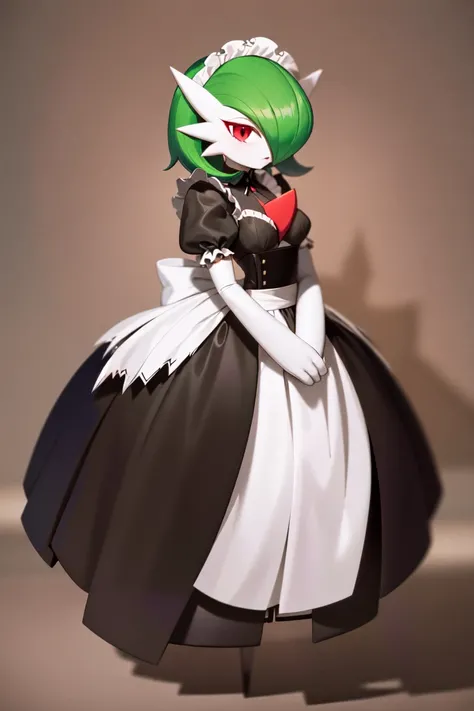 masterpiece, best_quality, 1girl, solo, gardevoir, creatures \(company\), game freak, nintendo, pokemon, pokemon \(game\), bangs, colored skin, female focus, gen 3 pokemon, green hair, green skin, hair over one eye, multicolored skin, pokemon \(creature\), red eyes, short hair, two-tone skin, white skin, maid, full body,