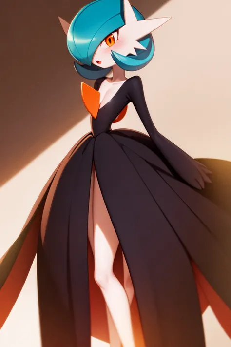 masterpiece, best_quality, 1girl, solo, gardevoir, creatures \(company\), game freak, nintendo, pokemon, pokemon \(game\), bangs, colored skin, female focus, gen 3 pokemon, blue hair, blue skin, hair over one eye, multicolored skin, pokemon \(creature\), orange eyes, short hair, two-tone skin, white skin, black dress, mega gardevoir