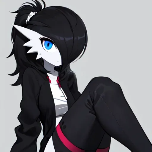 masterpiece, best_quality, 1girl, solo, gardevoir, creatures \(company\), game freak, nintendo, pokemon, pokemon \(game\), bangs, colored skin, female focus, gen 3 pokemon, black hair, (messy ponytail), black cardigan, tshirt, sweatpants, tired expression, black skin, hair over one eye, multicolored skin, pokemon \(creature\), blue eyes, two-tone skin, white skin <lora:gardevoir_V2:0.8>