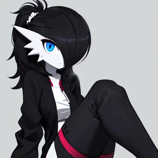 masterpiece, best_quality, 1girl, solo, gardevoir, creatures \(company\), game freak, nintendo, pokemon, pokemon \(game\), bangs, colored skin, female focus, gen 3 pokemon, black hair, (messy ponytail), black cardigan, tshirt, sweatpants, tired expression, black skin, hair over one eye, multicolored skin, pokemon \(creature\), blue eyes, two-tone skin, white skin <lora:gardevoir_V2:0.8>