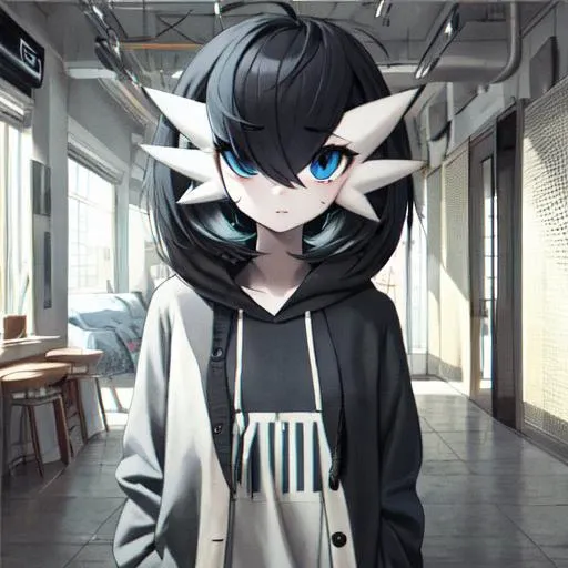 1girl, solo, masterpiece, best_quality, photoshoot, looking at camera, young adult woman, gardevoir, pokemon, porcelain skin, blue eyes, (black hair), (messy emo hair), cardigan, baggy tshirt, sweatpants, gen 3 pokemon, pokemon \(creature\), <lora:gardevoir_V2:0.7>