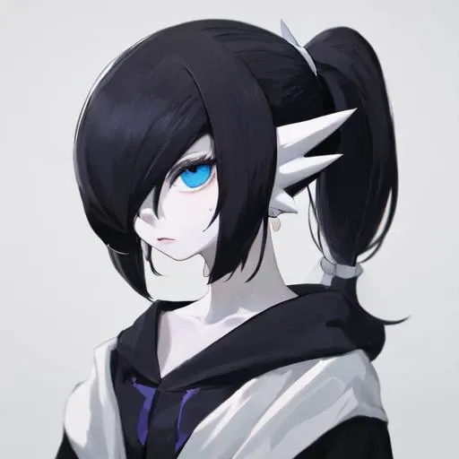 1girl, solo, masterpiece, best_quality, photoshoot, looking at camera, young female gardevoir, pokemon \(creature\), tired expression, porcelain skin, black hair, blue eyes, ponytail, black cardigan, tshirt, sweatpants, <lora:gardevoir_V2:0.8>