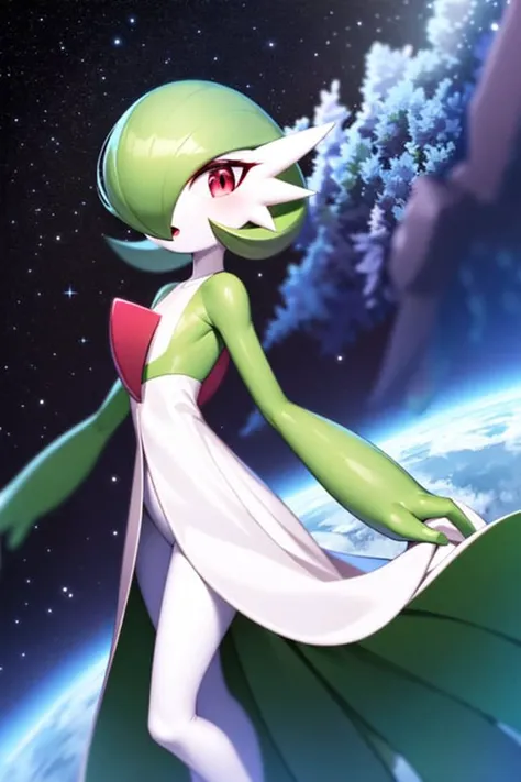 masterpiece, best_quality, 1girl, solo, gardevoir, white dress, creatures \(company\), game freak, nintendo, pokemon, pokemon \(game\), bangs, colored skin, female focus, flat chest, gen 3 pokemon, green hair, green skin, hair over one eye, multicolored skin, pokemon \(creature\), red eyes, short hair, two-tone skin, white skin, space,