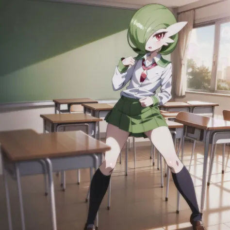 (anime style, best illustration),1girl,looking at viewer,beautiful face,detailed eyes,standing,sexy pose,fullbody,slim body,(muscular),(flat chest:0.9),(cleavage:0.5),(tie, schoolgirl uniform, long sleeve dress shirt, black pleated skirt, socks),<lora:gardevoir_v2:0.8>,gardevoir,creatures \(company\),game freak,nintendo,pokemon,pokemon \(game\),bangs,colored skin,flat chest,gen 3 pokemon,green hair,green skin,hair over one eye,multicolored skin,pokemon \(creature\),red eyes,short hair,two-tone skin,white skin,(classroom:1.2),(depth of field:0.65),