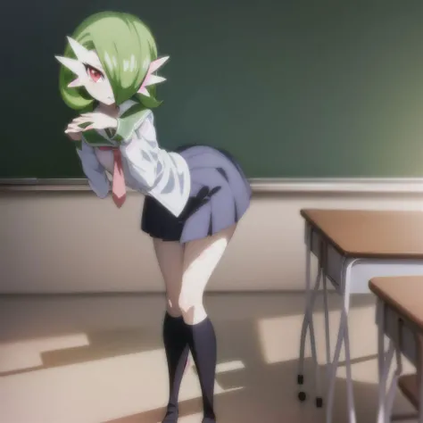 Anime girl with green hair and a green hat standing in front of a ...