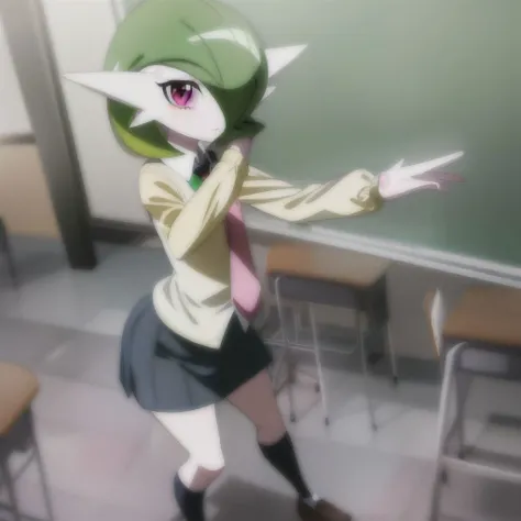 (anime style, best illustration),1girl,looking at viewer,beautiful face,detailed eyes,standing,sexy pose,fullbody,slim body,(muscular),(flat chest:0.9),(cleavage:0.5),(tie, schoolgirl uniform, long sleeve dress shirt, black pleated skirt, socks),<lora:gardevoir_v2:0.8>,gardevoir,creatures \(company\),game freak,nintendo,pokemon,pokemon \(game\),bangs,colored skin,flat chest,gen 3 pokemon,green hair,green skin,hair over one eye,multicolored skin,pokemon \(creature\),red eyes,short hair,two-tone skin,white skin,(classroom:1.2),(depth of field:0.65),