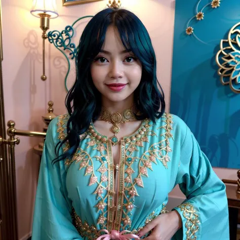 Masterpiece, porn, nude, best quality, ultra high res, 1 girl, fit, tiny waist, smiling, blushing, pink cheeks, Lisa from Blackpink wearing a moroccan caftan, <lora:Moroccan_Caftan:0.6>, green and blue fabric, golden embroidery, high quality, face details,  <lora:lisaBlackpink_v1:1>