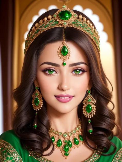 Masterpiece, 4K, woman wearing a Moroccan caftan,(Beautiful dark haired woman:1.2),(Moroccan style:1.2), (upper body focus:1.1), portrait, high quality art, high resolution, high definition, face close up, green eyes, puffy lips, smiling, surprised, blushing, lipstick, beautiful eyes, smooth skin, pretty woman, golden earrings, <lora:Moroccan_Caftan:0.6>