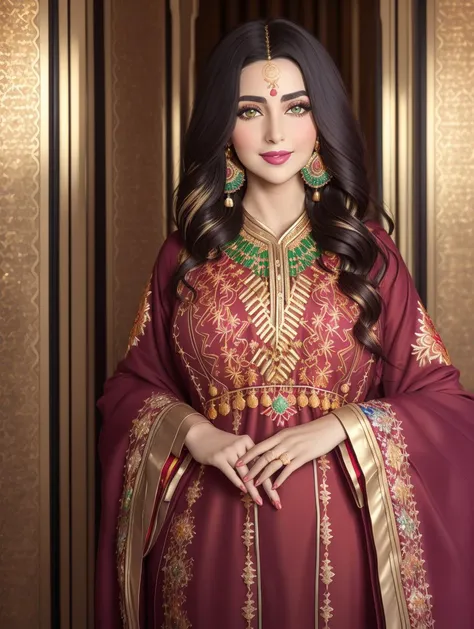 Masterpiece, 4K, woman wearing a Moroccan caftan,(Beautiful dark haired woman:1.2),(Moroccan style:1.2), (full body focus:1.1), portrait, high quality art, high resolution, high definition, face close up, green eyes, puffy lips, smiling, surprised, blushing, lipstick, beautiful eyes, smooth skin, pretty woman, golden earrings, <lora:Moroccan_Caftan:0.6>,( red and golden caftan, multicolor embroidery:1.4)