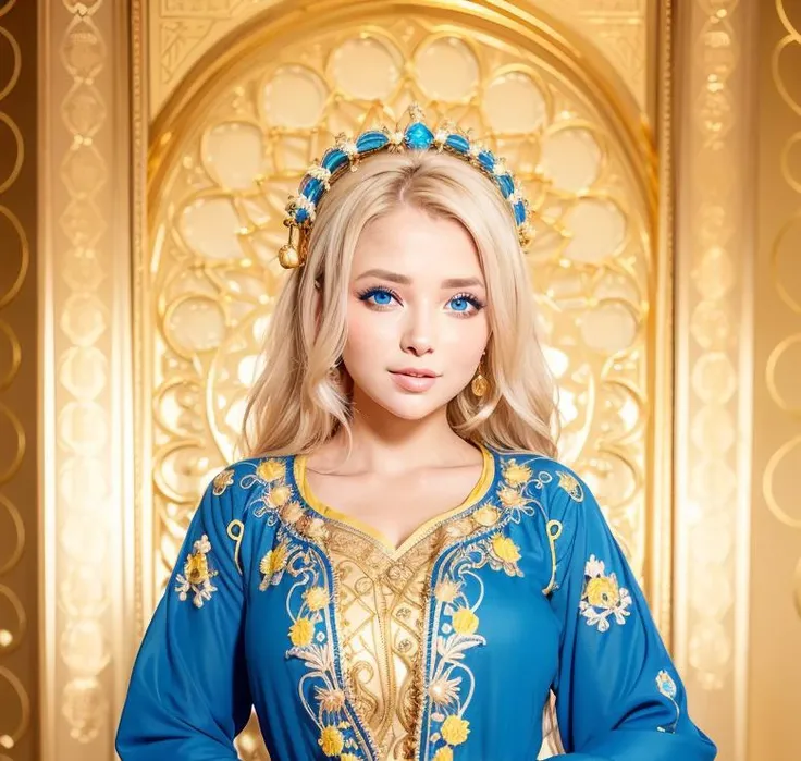 Masterpiece, porn, nude, best quality, ultra high res, 1 girl, fit, tiny waist, smiling, blushing, pink cheeks, (Ukrainian blonde woman:1.3), wearing a moroccan caftan, <lora:Moroccan_Caftan:0.4>,(deep blue and yelow caftan, golden embroidery:1.44),modelshoot style, face ultra details, detailed eyes, realistic skin, shiny skin, skin pores