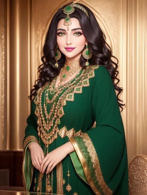 Masterpiece, 4K, woman wearing a Moroccan caftan,(Beautiful dark haired woman:1.2),(Moroccan style:1.2), (full body focus:1.1), portrait, high quality art, high resolution, high definition, face close up, green eyes, puffy lips, smiling, surprised, blushing, lipstick, beautiful eyes, smooth skin, pretty woman,  golden earrings,  <lora:Moroccan_Caftan:0.6>