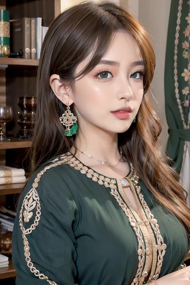 brown eyes, woman wearing green Moroccan Caftan, Moroccan style, golden embroidery, depth of field, night cityscape, (1girl:1.6), long hair, ulzzang-6500v1.1, (original: 1.2), (realistic: 1.3) , beautiful girl with beautiful details, extremely detailed eyes and face, eyes with beautiful details, absurd, incredibly absurd, huge file size, ultra detail, high resolution, ultra detailed, best quality, masterpiece, illustration, ultra detailed and beautiful, ultra detailed, CG, unity, 8k wallpaper, amazing, fine Detail, masterpiece, top quality, official art, extremely detailed CG unity 8k wallpaper, cinematic lighting, (perfect shiny skin:0.6), slim and smooth lines, (floating), earrings , <lora:koreanDollLikeness_v15:0.2> <lora:Cute_girl_mix4:0.6> <lora:moroccanCaftan_v10:0.8>
