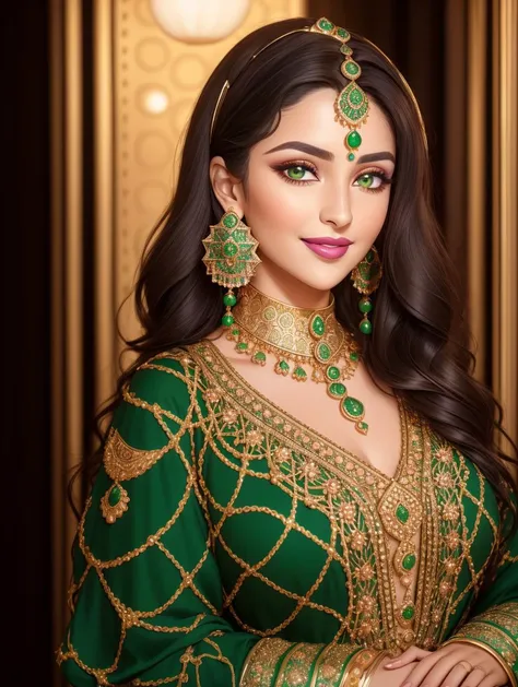 Masterpiece, 4K, woman wearing a Moroccan caftan,(Beautiful dark haired woman:1.2),(Moroccan style:1.2), (full body focus:1.1), portrait, high quality art, high resolution, high definition, face close up, green eyes, puffy lips, smiling, surprised, blushing, lipstick, beautiful eyes, smooth skin, pretty woman, golden earrings, <lora:Moroccan_Caftan:0.6>