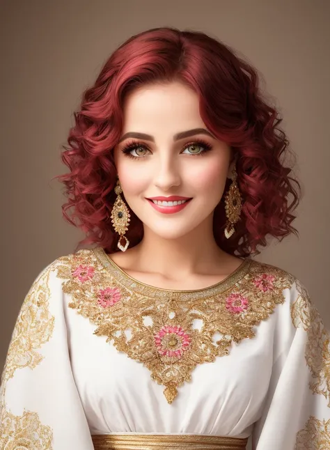 Masterpiece, 4K, (Beautiful woman:1.2), portrait, high quality art, high resolution, high definition, centered, symmetrical, good anatomy, puffy lips, smiling, surprised, blushing, , beautiful eyes, white woman , pretty woman, jewelry, Moroccan Caftan, pink fabric with golden embroidery, <lora:Moroccan_Caftan:0.8>, red hair
