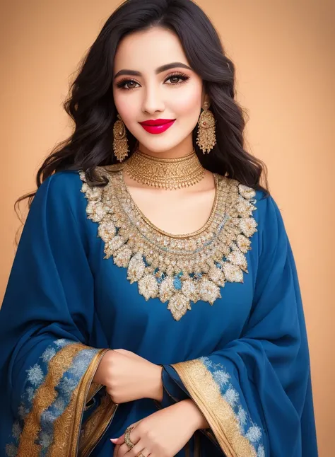 Masterpiece, 4K, (Beautiful woman:1.2), portrait, high quality art, high resolution, high definition, centered, symmetrical, good anatomy, puffy lips, smiling, surprised, blushing, lipstick, beautiful eyes, white woman , pretty woman, jewelry, Moroccan Caftan, Blue fabric with golden embroidery, <lora:Moroccan_Caftan:0.8>