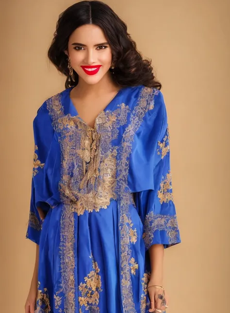Masterpiece, 4K, (Beautiful woman:1.2), portrait, high quality art, high resolution, high definition, centered, symmetrical, good anatomy, puffy lips, smiling, surprised, blushing, lipstick, beautiful eyes, , pretty woman, jewelry, Moroccan Caftan, Blue fabric with golden embroidery, <lora:Moroccan_Caftan:0.8>