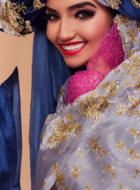 Masterpiece, 4K, (Beautiful woman:1.2), portrait, high quality art, high resolution, high definition, centered, symmetrical, good anatomy, puffy lips, smiling, surprised, blushing, lipstick, beautiful eyes, white woman , pretty woman, jewelry, Moroccan Caftan, Blue fabric with golden embroidery, <lora:Moroccan_Caftan:0.8>