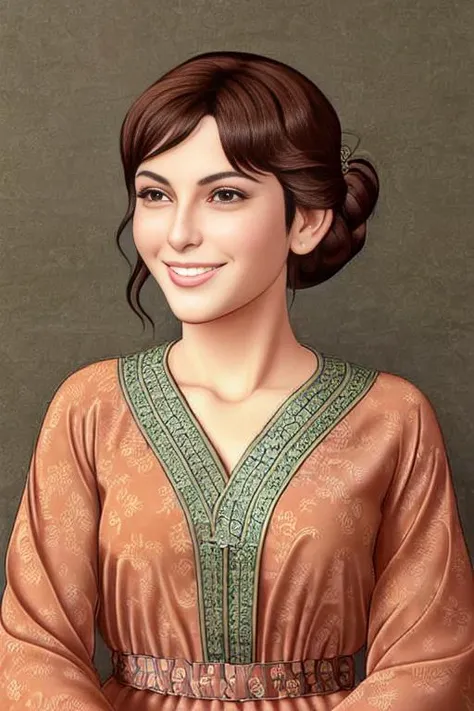 (Award Winning Digital Artwork:1.3) of (Cel shaded:1.3) <(realistic:1.3), intricate details> face close-up portrait of a female (snezanasakovic2:1.1) wearing a caftan, smiling, looking at the viewer,CGSociety,ArtStation, booru tags