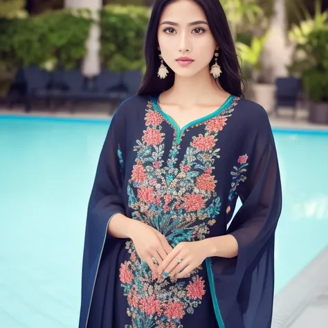 <lora:moroccanCaftan_v10:0.65>, embroidery, None, full color studio portrait of moroccan woman, wearing Dark Cyan (embroidery caftan:1.15), 80mm, f1/.8, hasselblad, intricate details, 4k, hd, dof, bokeh, depth of field, standing against swimming pool