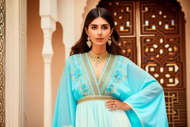 <lora:moroccanCaftan_v10:0.95>, moroccan caftan, None, full color studio portrait of moroccan woman, wearing Light Blue (embroidery caftan:1.25), 80mm, f1/.8, hasselblad, vogue, gold bangles, intricate details, 4k, hd, dof, bokeh, depth of field, royalty