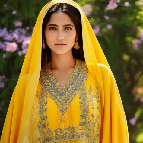 <lora:moroccanCaftan_v10:0.65>, embroidery, None, full color studio portrait of moroccan woman, wearing Yellow (embroidery caftan:1.15), 80mm, f1/.8, hasselblad, intricate details, 4k, hd, dof, bokeh, depth of field, standing against picnic area