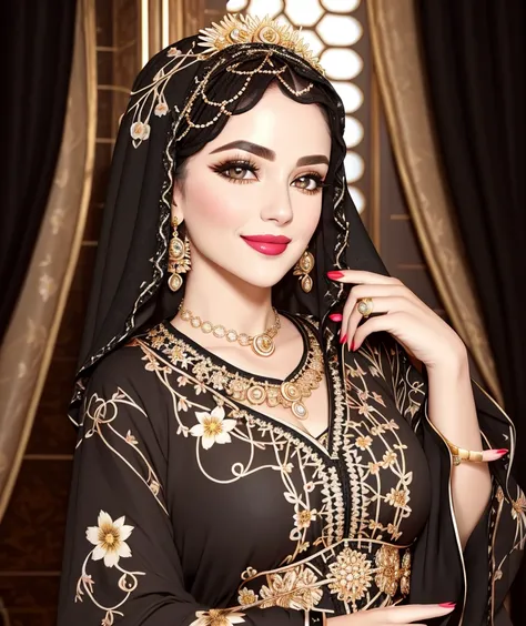 Masterpiece, 4K, (Beautiful woman:1.2), portrait, high quality art, high resolution, high definition, centered, symmetrical, good anatomy, puffy lips, smiling, surprised, blushing, lipstick, beautiful eyes, , pretty woman, jewelry, Moroccan Caftan, (black fabric, flower pattern:1.3), with golden embroidery, <lora:Moroccan_Caftan:0.8>