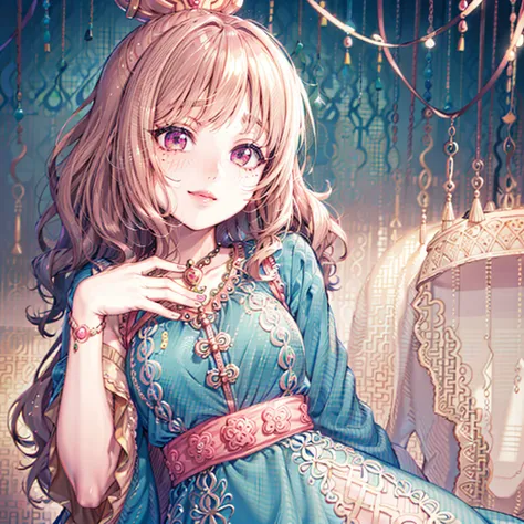 Masterpiece, porn, nude, best quality, ultra high res, 1 girl, fit, tiny waist, smiling, blushing, pink cheeks, Lisa from Blackpink wearing a moroccan caftan, <lora:Moroccan_Caftan:0.6>, green and blue fabric, golden embroidery, high quality, face details, <lora:lisaBlackpink_v1:1>