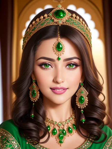 Masterpiece, 4K, woman wearing a Moroccan caftan,(Beautiful dark haired woman:1.2),(Moroccan style:1.2), (upper body focus:1.1), portrait, high quality art, high resolution, high definition, face close up, green eyes, puffy lips, smiling, surprised, blushing, lipstick, beautiful eyes, smooth skin, pretty woman, golden earrings, <lora:Moroccan_Caftan:0.6>