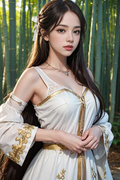 (long hair:1.6), floating hair, (white ribbon on hair),best quality ,masterpiece, illustration, an extremely delicate and beautiful, extremely detailed ,CG ,unity ,8k wallpaper, Amazing, finely detail, masterpiece,best quality,official art,extremely detailed CG unity 8k wallpaper,absurdres, incredibly absurdres, huge filesize , ultra-detailed, highres, extremely detailed,beautiful detailed girl, extremely detailed eyes and face, beautiful detailed eyes,light on face,1girl , multicolor fabric <lora:aoDaiVietnameseLong_v10:0.5> <lora:xxmix9realistic_v26:0.66>,bamboo forest background, masterpiece,ultra realistic,32k,extremely detailed CG unity 8k wallpaper, best quality
