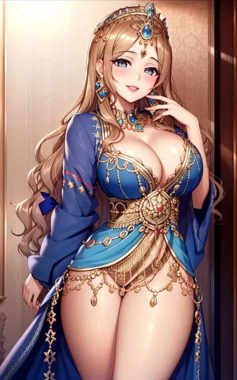 Masterpiece, 4K, (Beautiful dark-haired Asian woman: 1.2), portrait, high quality art, high resolution, high definition, centered, symmetrical, good anatomy, swollen lips, smiling, surprised, blushing, lipstick, beautiful eyes, smooth skin, beautiful woman, jewelry, Moroccan Caftan, blue fabric with gold embroidery, (focus on upper body: 1.2), style, woman, looking at the viewer, smile,  symmetrical, centered, closeup, female, athletic, fit, narrow waist, realistic body proportions, realistic, photo-realistic, 8k, highly detailed, LED light, laser lights, fruit-flavored, bright, anatomically correct, symmetrical anatomy, ulzzang-6500