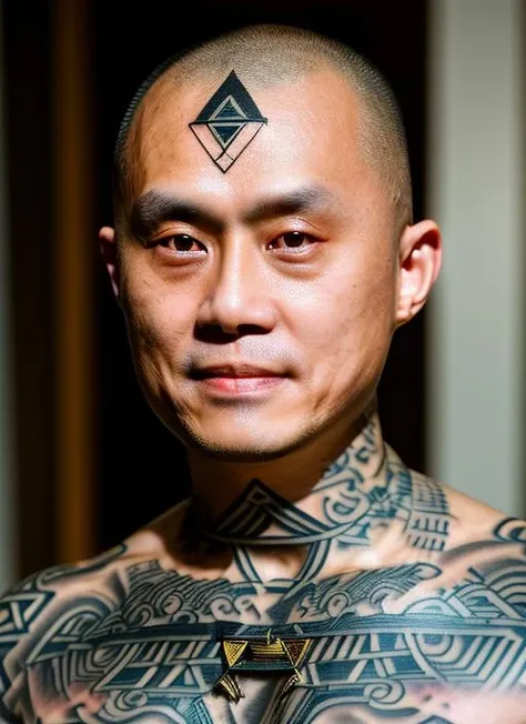 portrait a men tatoo skin,masterpiece,best quality,cinematic photo of a ganger with face tatoos, epic lighting,yakuza,