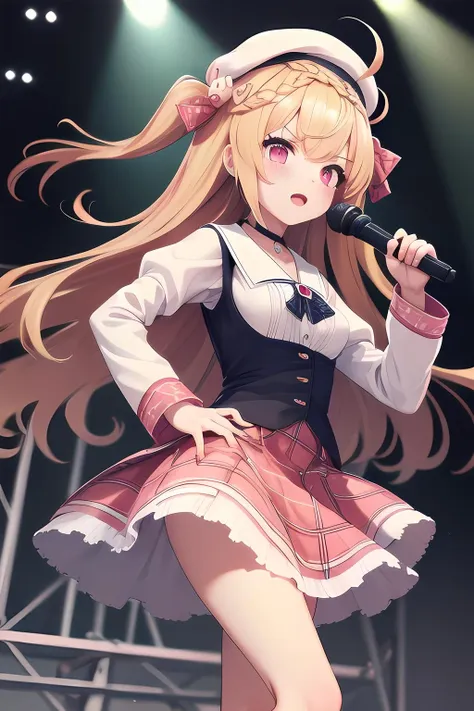 masterpiece, higher,highly detailed, absurdres,AzlaCrescent,1girl, solo,blonde long hair,ahoge,ribbon,braid,long sleeves,choker,white beret,pink skirt,plaid skirt,jewelry,black socks,jewelry,hair ornament,upper body, <lora:AzlaCrescent_v02nc_noreg:1>,stage lights, microphone,