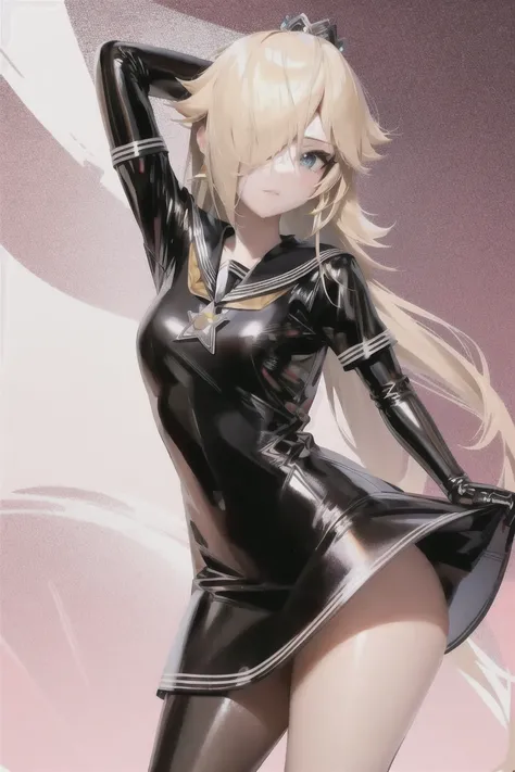 Highly detailed, High Quality, Masterpiece, beautiful, sharp focus, shiny skin, best quality, perfect anatomy:1.4, high detailed, 8k, highres, lineart, sketch, (masterpiece:1.4), (highest quality:1.4), (sharp focus:1.2), (colored:1.3), (digital painting:1.1), 8k wallpaper, (tight gap:1.2), (detailed face and eyes:1.25), crown, <lora:Char_MarioSeries_Rosalina:1>, black serafuku <lora:Outfit_BlackSerafuku:0.7>, cowboy shot