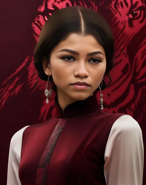 ZendayaMaree, portrait, 60s Art, award winning,close up of a Touching (Girl:1.1) , Producing a movie, wearing Lyrical dark red outfit, Casting magic pose, Burgundy Fitbit, plain tiger print background, equirectangular 360, artstation, art by Ilya Repin, (art by Alfred Cheney Johnston:1.2) ,  <lora:ZendayaMareeSDXL:1>