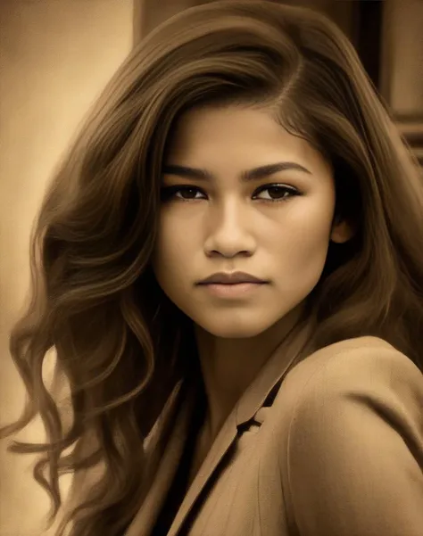 ZendayaMaree, art by Louis Anquetin, portrait,close up of a buxom Girl, Businessperson, stylized, Dark, Sepia filter, <lora:ZendayaMareeSDXL:1>