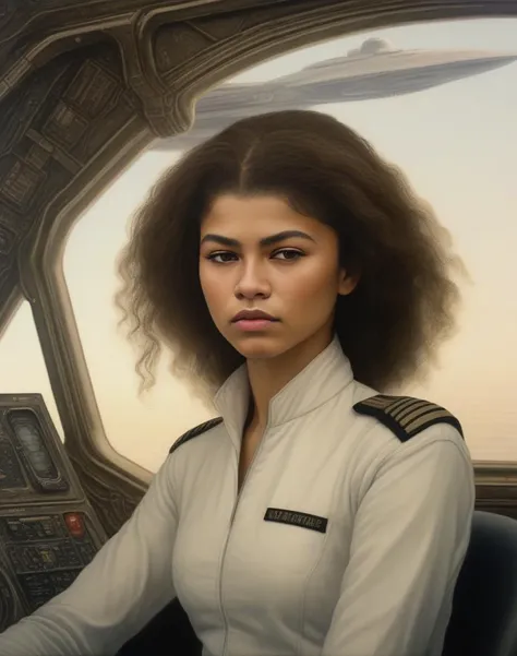 ZendayaMaree, (art by Simeon Solomon:1.3) , portrait, intricate details,close up of a Fluffy midweight Algerian Female driving a USS Enterprise, [nature|vegetation], Hazy conditions, Cathode tube,  <lora:ZendayaMareeSDXL:1>