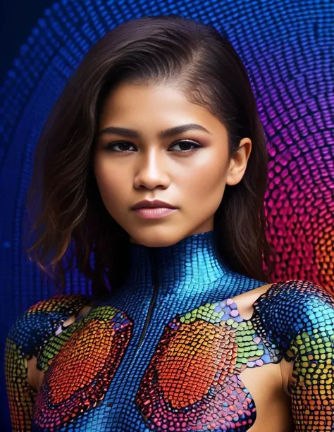 ZendayaMaree,<lora:ZendayaMareeSDXL:1>, cinematic photo (full-body:1.85) A futuristic portrait of a beautiful young woman on a simple paper studio background with a strong colourful intricate circular geometrical pattern, geometrical makeup, (highly detailed skin texture:1.6), pores, high contrast . 35mm photograph, film, bokeh, professional, 4k, highly detailed
