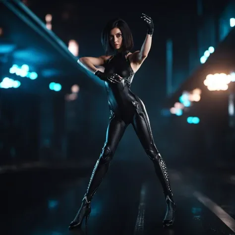 cinematic photo cinematic photo a woman with big eyes, futuristic black carbon body suit, cyberpunk background <lora:Alita1024-2024:0.8> . 35mm photograph, film, bokeh, professional, 4k, highly detailed . 35mm photograph, film, bokeh, professional, 4k, highly detailed