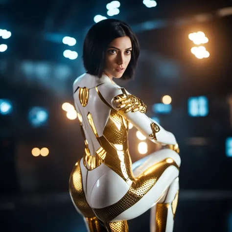 cinematic photo cinematic photo a woman with big eyes, futuristic white and gold body suit, cyberpunk background <lora:Alita1024-2024:0.8> . 35mm photograph, film, bokeh, professional, 4k, highly detailed . 35mm photograph, film, bokeh, professional, 4k, highly detailed