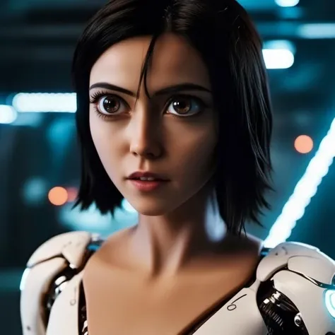 cinematic photo a woman with big eyes, portrait, futuristic white body suit, cyberpunk background <lora:Alita1024-2024:0.8> . 35mm photograph, film, bokeh, professional, 4k, highly detailed