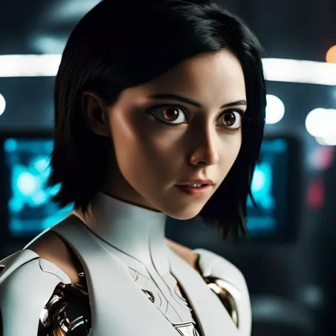 cinematic photo a woman with big eyes, portrait, futuristic white body suit, cyberpunk background  <lora:Alita1024-2024:0.8> . 35mm photograph, film, bokeh, professional, 4k, highly detailed