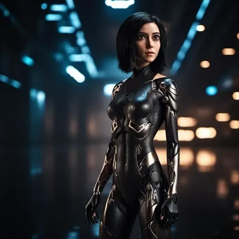 cinematic photo a woman with big eyes, full body, futuristic carbon body suit, cyberpunk background  <lora:Alita1024-2024:0.8> . 35mm photograph, film, bokeh, professional, 4k, highly detailed