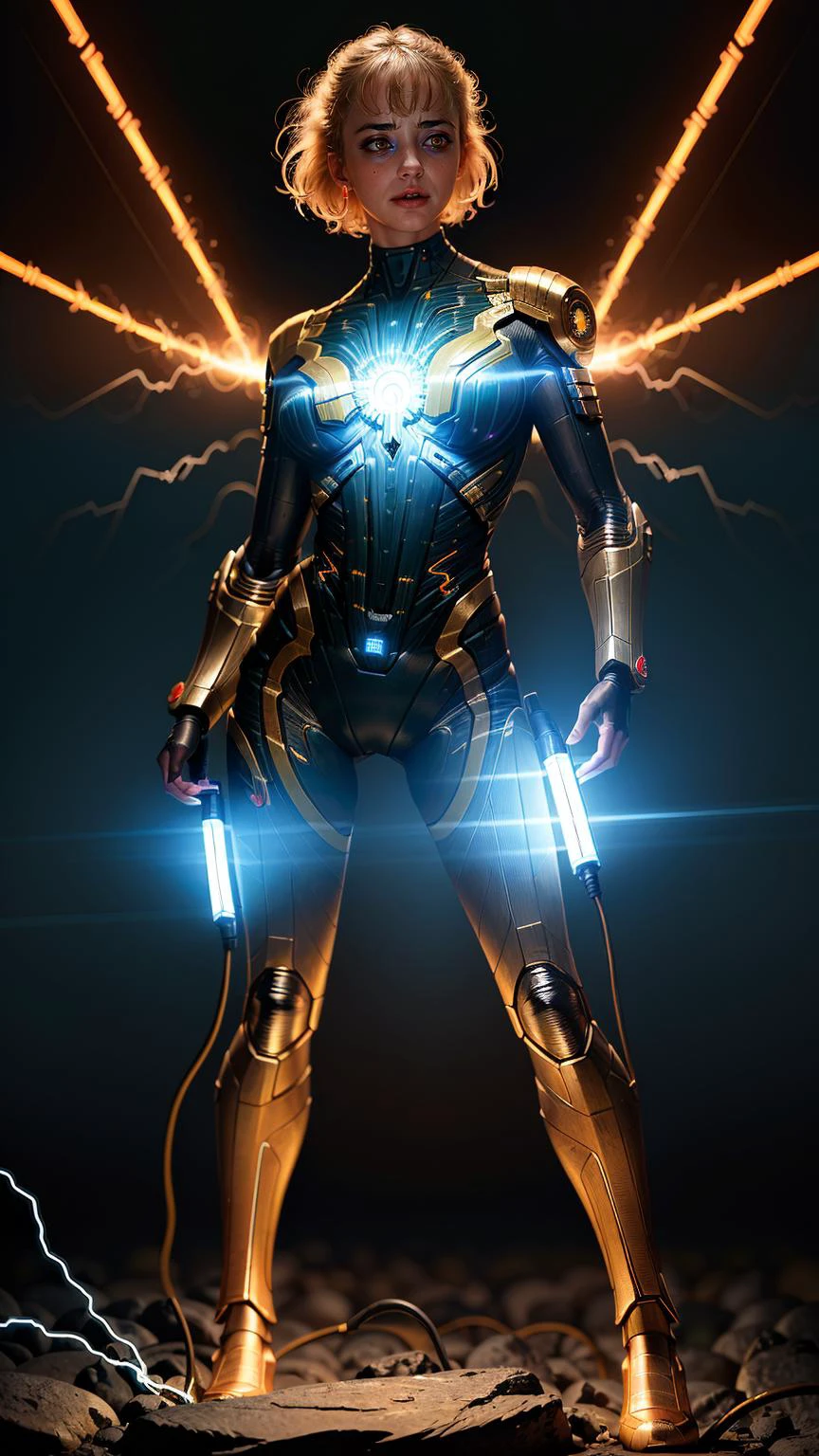 masterpiece, best quality, 1girl, science fiction, power suit, electricity, electrical discharge, circuit board, shockwave, electric plug, OverallDetail , ((closed mouth)),