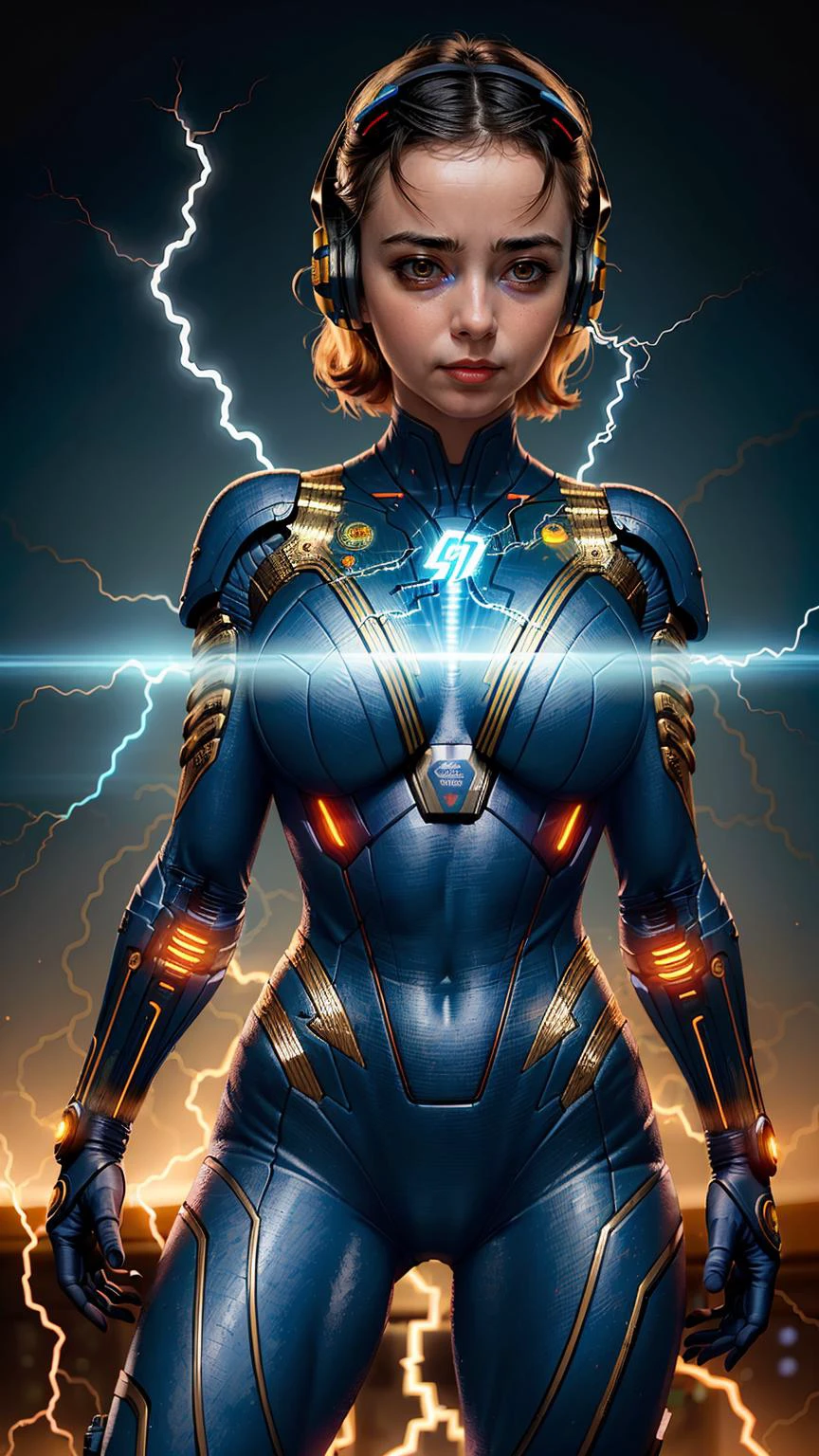 masterpiece, best quality, 1girl, science fiction, power suit, electricity, electrical discharge, circuit board, shockwave, electric plug, OverallDetail , ((closed mouth)),
