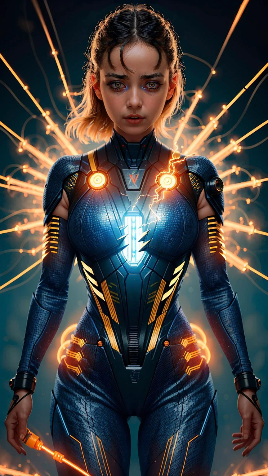 masterpiece, best quality, 1girl, science fiction, power suit, electricity, electrical discharge, circuit board, shockwave, electric plug, OverallDetail , ((closed mouth)),