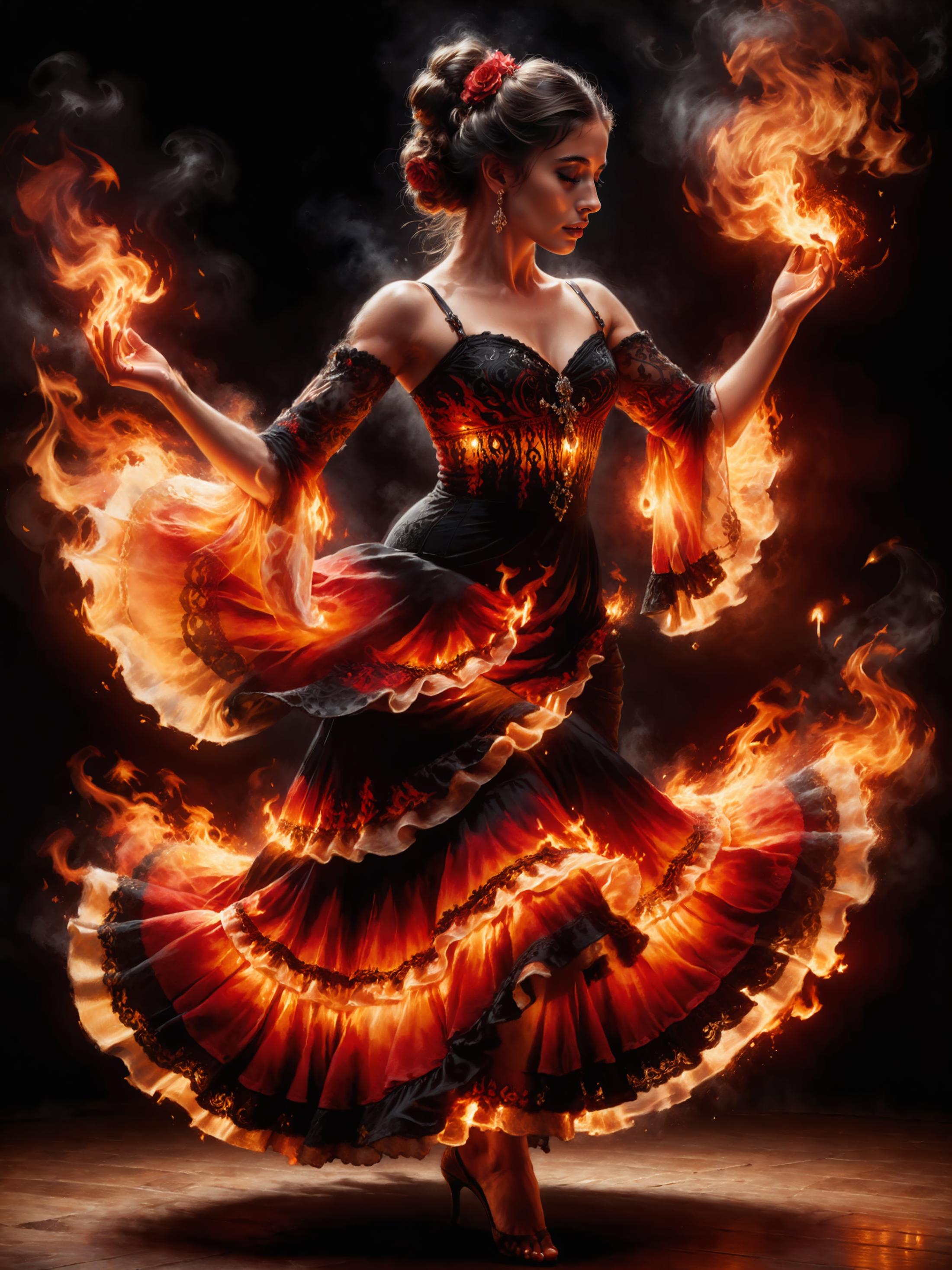 A woman in a flame dress is dancing with her hands out - SeaArt AI