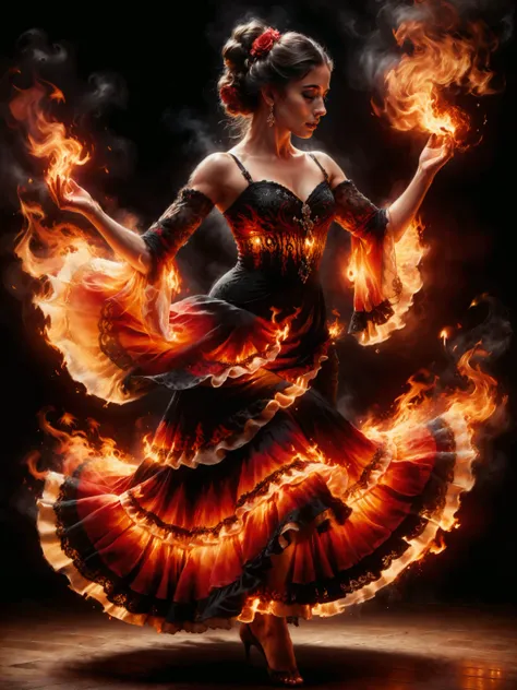 poster art, famous artwork by andrew atroshenko and artgerm and rembrandt and frank frazetta, a stunningly beautiful young spanish female flamenco dancer wearing an ornate dress made of blazing fire, dancing, dramatic flamenco pose, sss, subsurface scattering, ral-dissolve, translucent fire element, blazing flames, intricate fabric, (perfect hands:1.4), closed eyes, dark makeup, dramatic, ultra detailed, overall_detail-xl-by_kaleidia <lora:add-detail-xl:2.0> <lora:more_artful-xl:0.6> <lora:special_effects-fire_element-xl-by_shan_bailing:0.8> <lora:subsurface_scattering_aka_what_does_the_snake_say-xl-by_ajuro:1.0> <lora:style-dissolve-sdxl-by_ralfinger:0.5> <lora:envybetterhiresfixxl01-xl:0.0:hr=1.0>