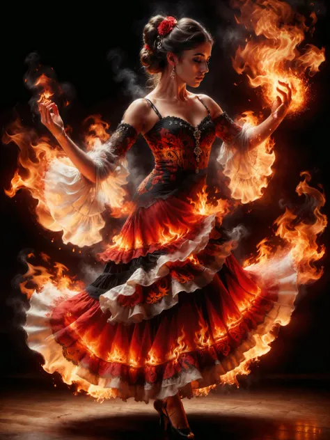poster art, famous artwork by andrew atroshenko and artgerm and rembrandt and frank frazetta, a stunningly beautiful young spanish female flamenco dancer wearing an ornate dress made of blazing fire, dancing, flamenco pose, sss, subsurface scattering, ral-dissolve, translucent fire element, blazing flames, intricate fabric, (perfect hands:1.4), closed eyes, dark makeup, dramatic, ultra detailed, overall_detail-xl-by_kaleidia <lora:add-detail-xl:2.0> <lora:more_artful-xl:0.6> <lora:special_effects-fire_element-xl-by_shan_bailing:0.8> <lora:subsurface_scattering_aka_what_does_the_snake_say-xl-by_ajuro:1.0> <lora:style-dissolve-sdxl-by_ralfinger:0.6> <lora:envybetterhiresfixxl01-xl:0.0:hr=1.0>